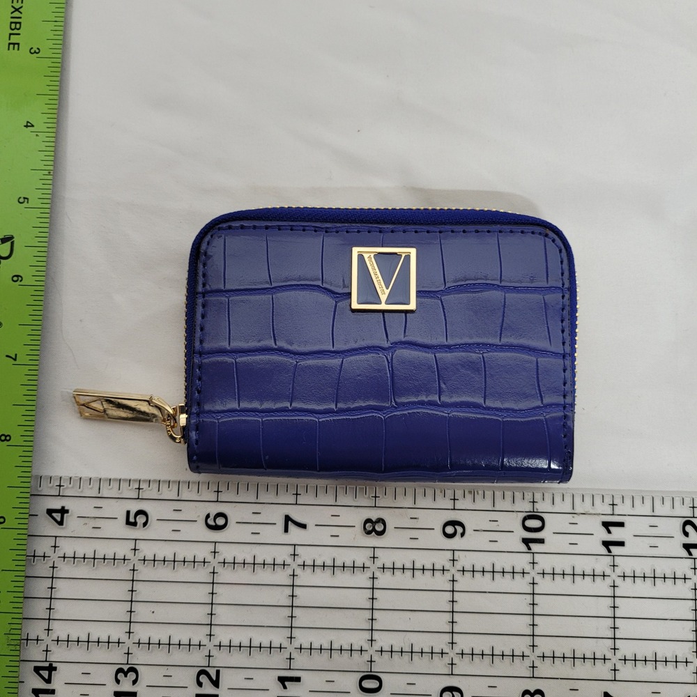 Victorias Secret Blue Croc Embossed Small Zip Around Wallet Gold V Logo